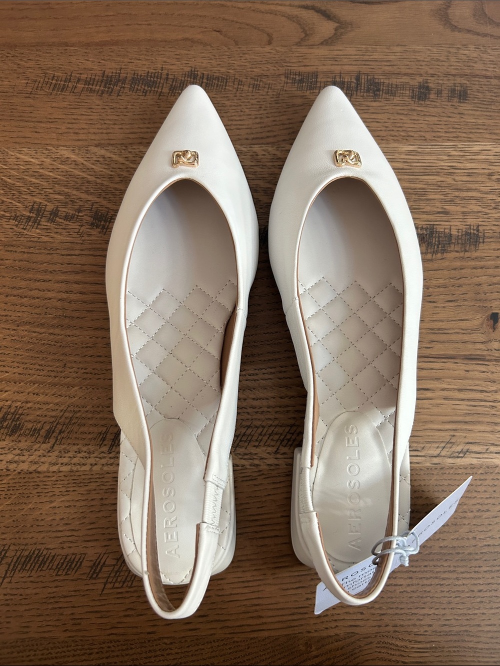 AEROSOLES White Pointed-Toe Slingback Flats with Gold Accent